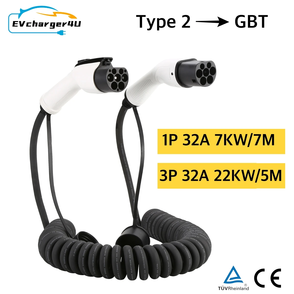 Ev Charger Type 2 22Kw 32A 3 Phase - EVcharger4U 5M/7M Spiral EV şarj kablosu